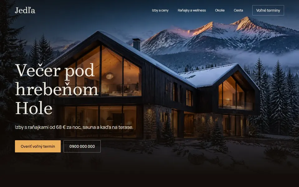 Ukážkový web fiktívneho penziónu Jedľa: tmavá drevená chata pod zasneženým hrebeňom, okná v teplom svetle, nadpis Večer pod hrebeňom Hole a tlačidlo Overiť voľný termín.